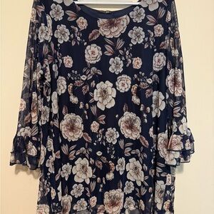 Papermoon Dark Blue Floral Blouse with Ruffle Sleeves